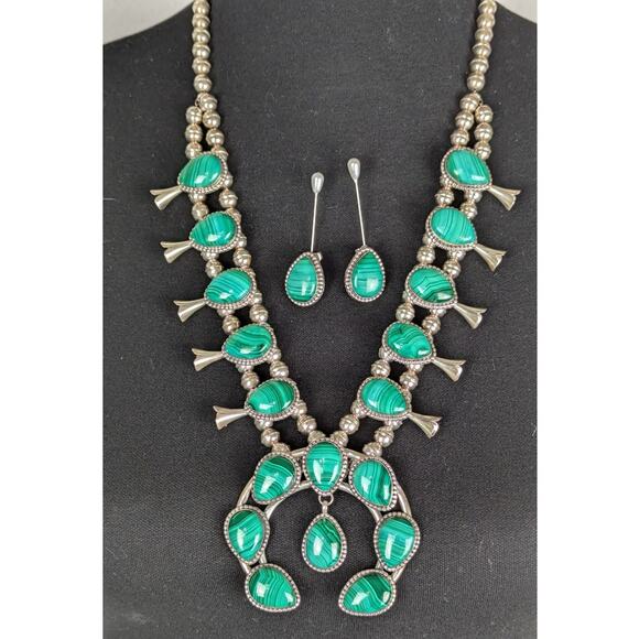 Kathleen Chavez Navajo Sterling Silver Malachite Squash Blossom Necklace + EUC - Picture 1 of 16